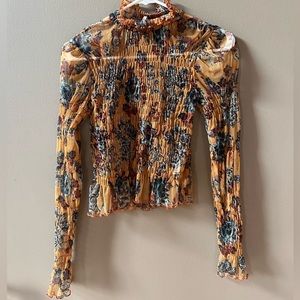 Free People Floral Ruched Mesh Top
